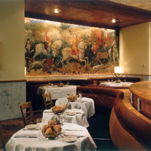 Fresque pour restaurant. Scène de chasse, toile appliquée au mur.